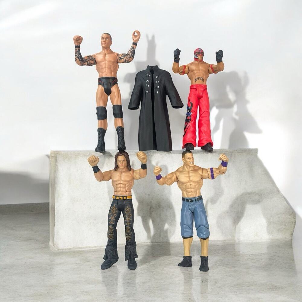 WWE Wrestling Action Figures Lot of 4 & Trench Coat Accessory Mysterio Cena